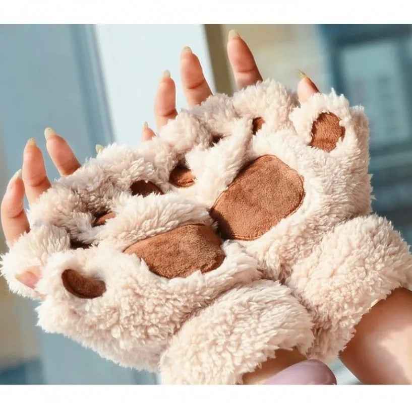 Winter Gloves Women Bear Plush Cat Paw Claw Cute Kitten Fingerless Mittens Christmas Halloween Girls
