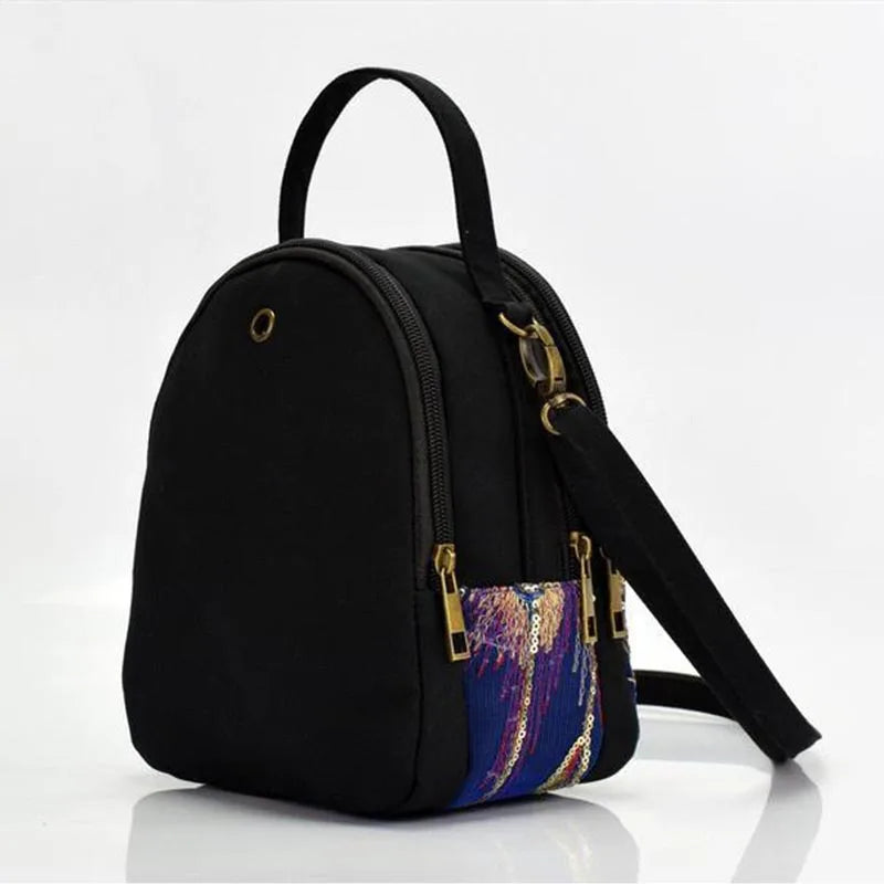 Embroidered Canvas Crossbody Bag – Vintage Peacock Sequin Satchel