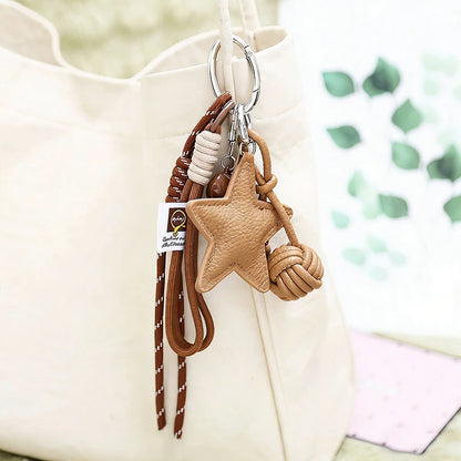 Star Leather Keychain Bag Charm – Cute Heart Pendant with Braided Tassel