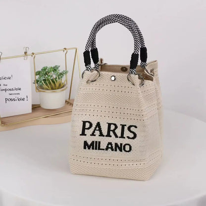 Knit Bucket Bag Women – Letter Print Woven Handbag Small Tote