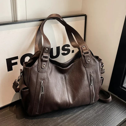 Women's PU Leather Shoulder Bag with Zipper Pockets