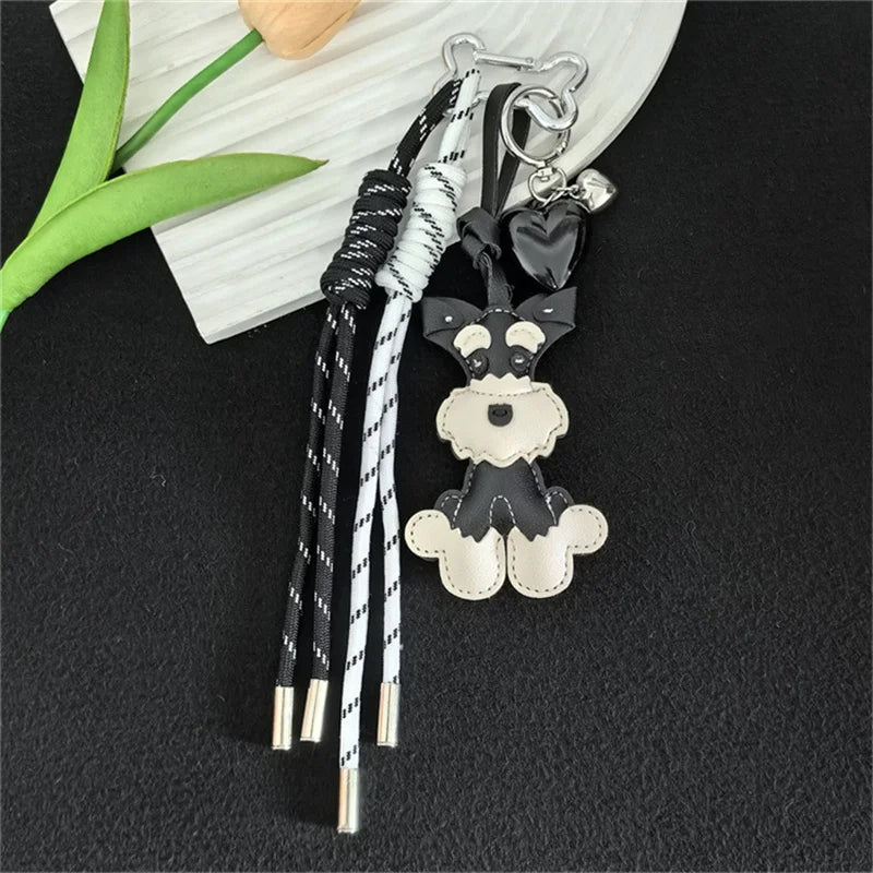 Schnauzer Keychain – Leather Dog Charm with Braided Rope Tassel