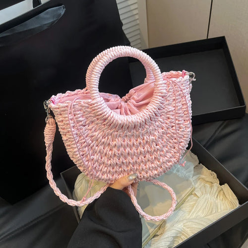 Woven Straw Handbag - Women's Half Moon Rattan Shoulder Bag