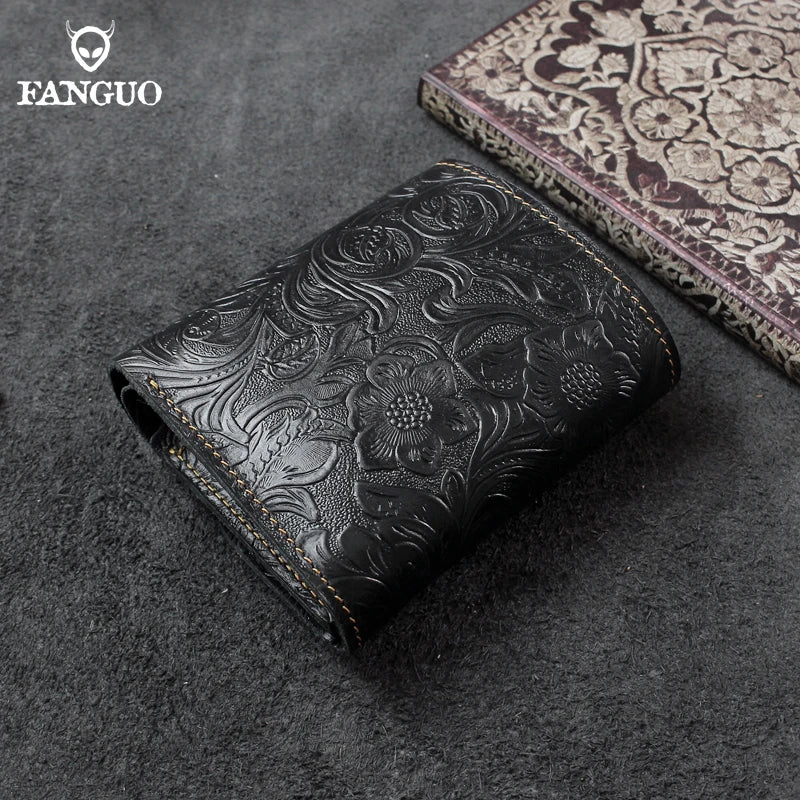 Genuine Leather Short Wallet – Floral Embossed Bifold Card Holder