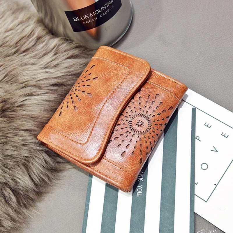 Vintage Hollow-Out Leather Wallet Clutch Purse for Women
