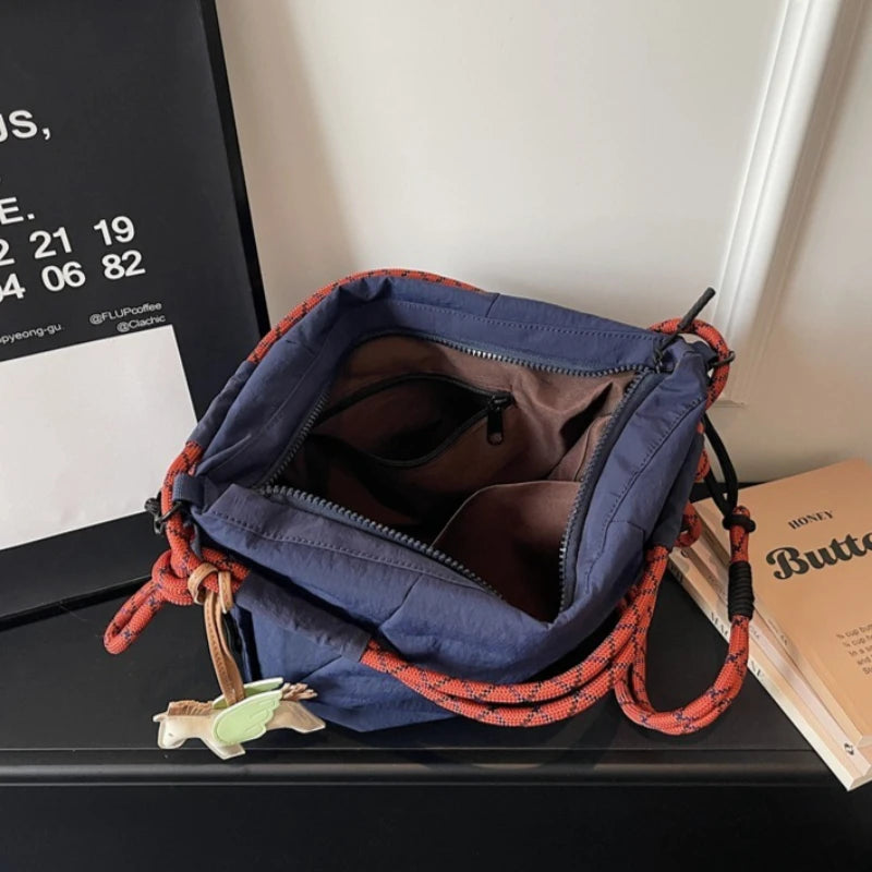 Trendy Shoulder Bags Women Oxford Fabric Drawstring Foldable Crossbody Bag Minimalist Design Casual