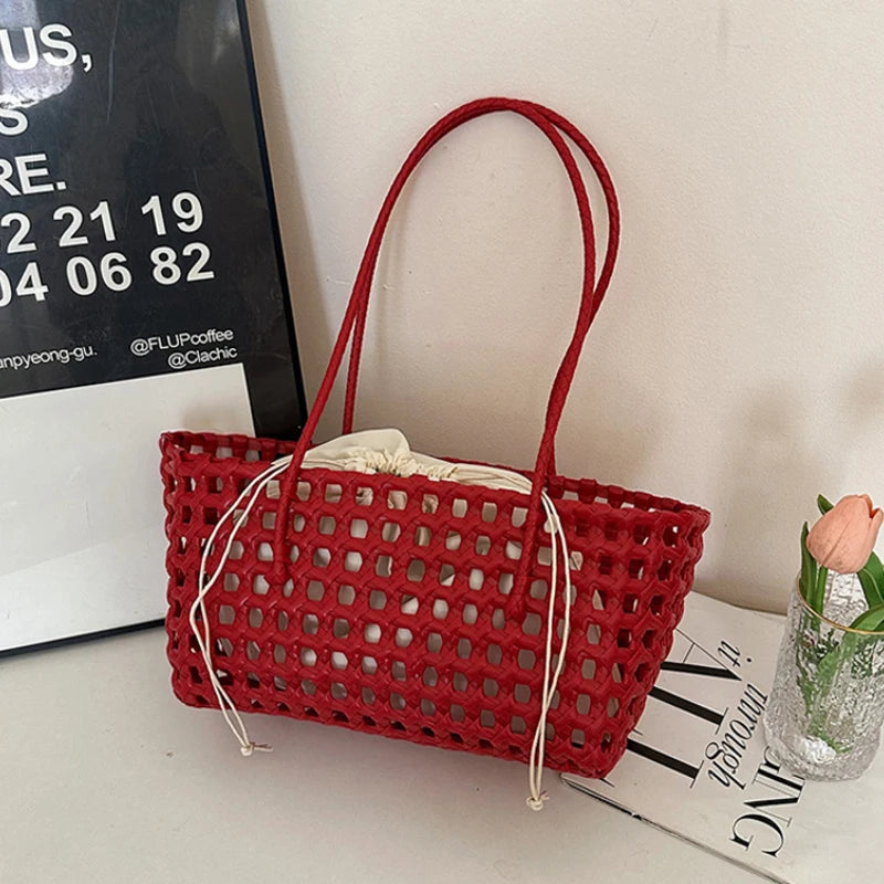Hollow-Out Woven Basket Tote Bag – Boho Beach Handbag