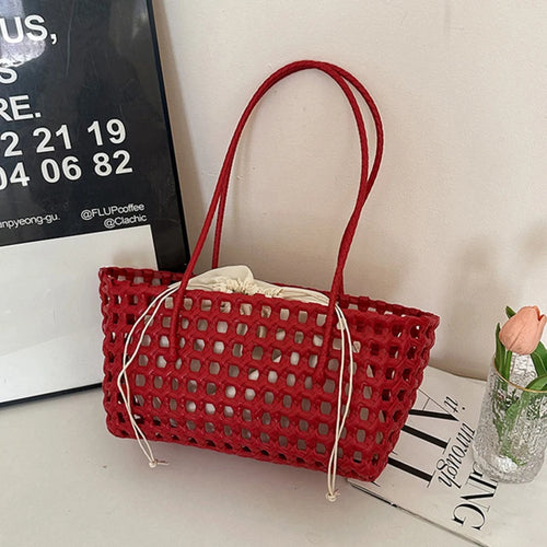 Hollow-Out Woven Basket Tote Bag – Boho Beach Handbag