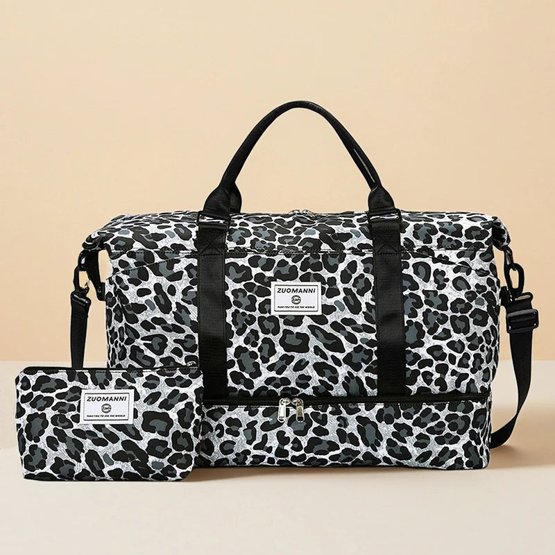 Leopard Print Travel Duffle Bag Set with Cosmetic Pouch