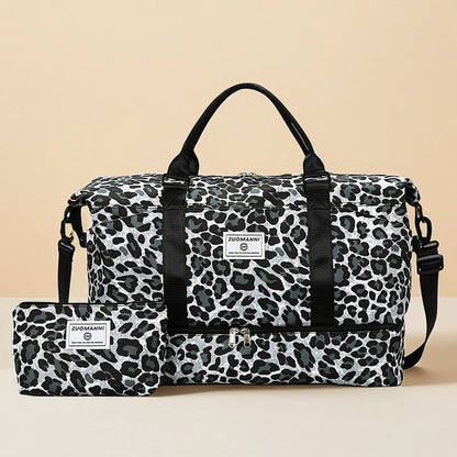 Leopard Print Travel Duffle Bag Set with Cosmetic Pouch
