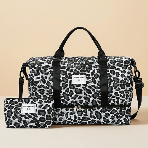 Leopard Print Travel Duffle Bag Set with Cosmetic Pouch