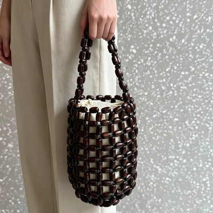 Handmade Wooden Bead Woven Bucket Bag – Mini Hollow Handbag for Women