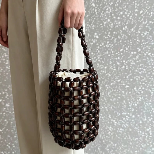 Handmade Wooden Bead Woven Bucket Bag – Mini Hollow Handbag for Women