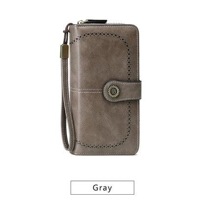 RFID Blocking Women's Trifold Long Wallet – Large Capacity Retro Leather Clutch