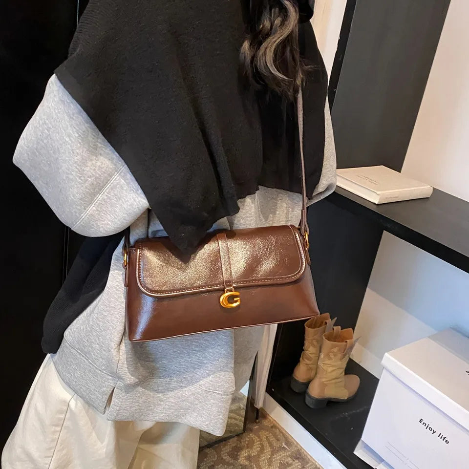 Retro Oil PU Leather Shoulder Bag for Women – Underarm Purse