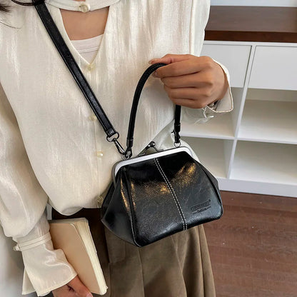 Moods Retro Style Top-Handle Bags Women Kiss Lock Pure Color Pu Leather Shoulder Crossbody Bag