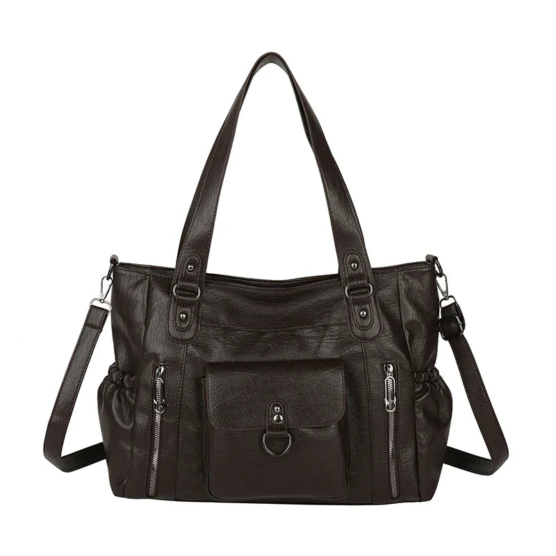 Large Capacity Leather Shoulder Bag with Zipper Pockets