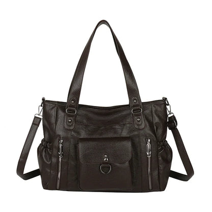 Large Capacity Leather Shoulder Bag with Zipper Pockets