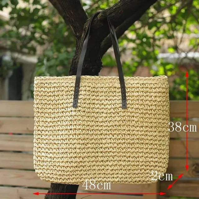 Handmade Straw Woven Round Beach Tote Bag