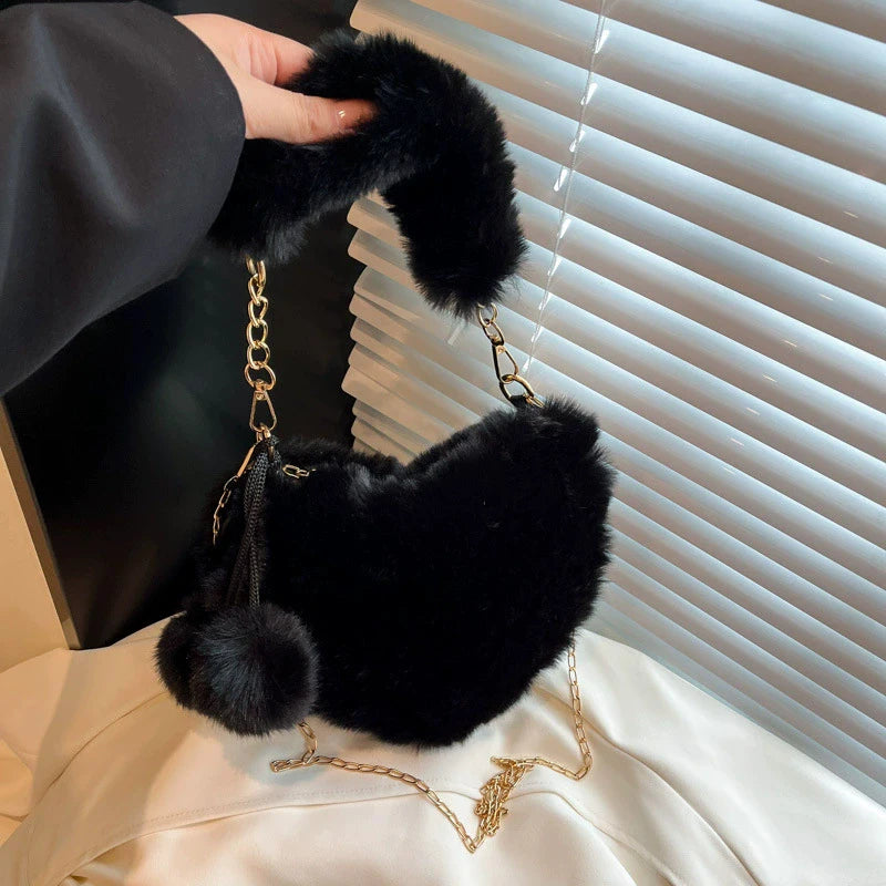 Fluffy Heart Shaped Fur Bag – Cute Plush Shoulder Bag with Chain Strap