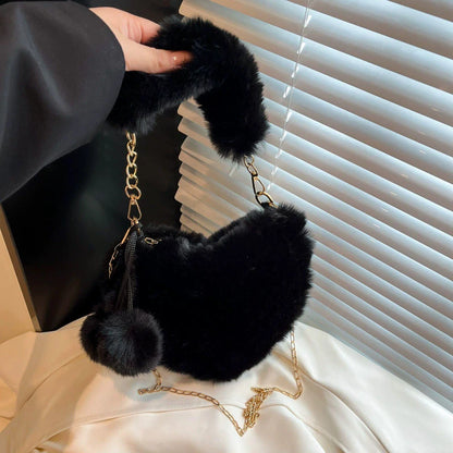 Fluffy Heart Shaped Fur Bag – Cute Plush Shoulder Bag with Chain Strap
