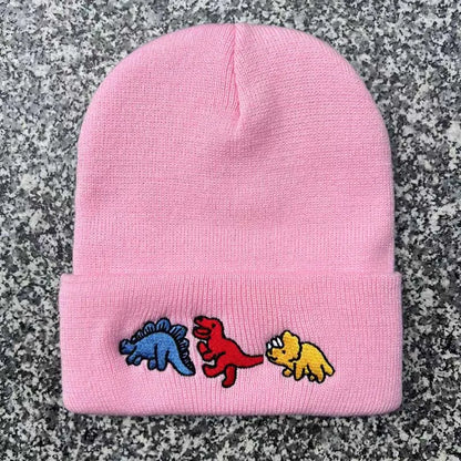 Dinosaur Embroidery Beanie Hat – Warm Knit Cap for Men & Women