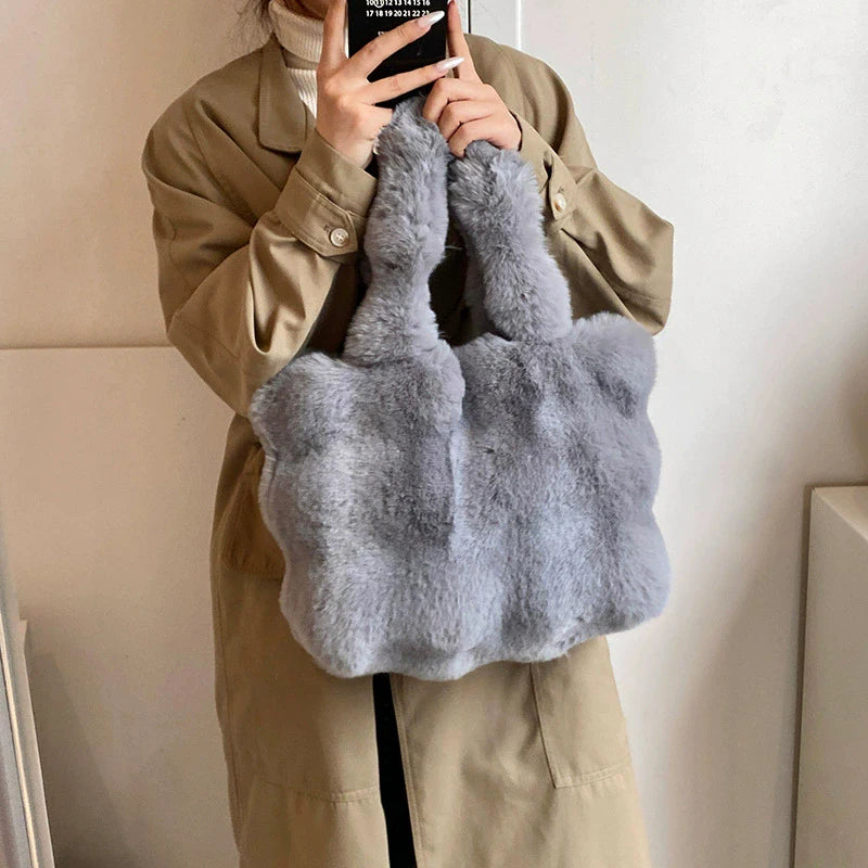 Fluffy Plush Tote Bag – Women's Faux Fur Top-Handle Handbag