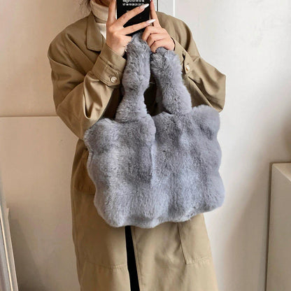 Fluffy Plush Tote Bag – Women's Faux Fur Top-Handle Handbag
