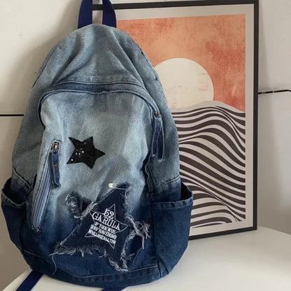 Denim Star Backpack – Y2K Korean Vintage Schoolbag