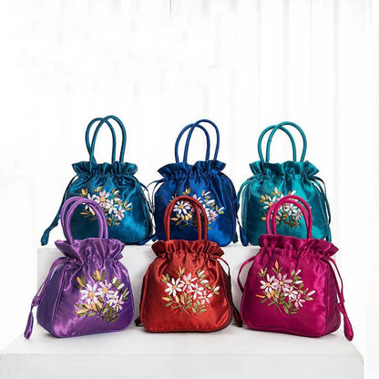 Embroidered Drawstring Handbag – Floral Satin Bucket Bag
