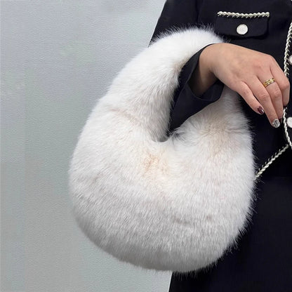 Faux Fur Half Moon Bag for Women – Fluffy Mini Tote Handbag