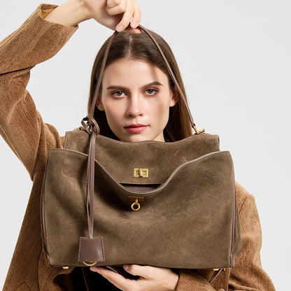 Suede Genuine Leather Tote Bag for Women – Large Capacity Shoulder Handbag