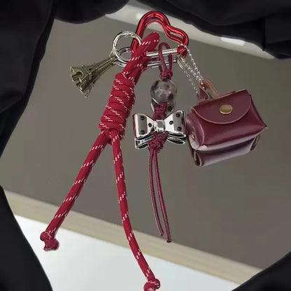 Cute Bag Charm Keychain with Mini Purse, Bow & Eiffel Tower Pendant
