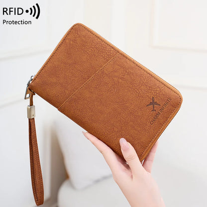RFID Blocking Passport Wallet Travel Document Organizer with Zipper & Wrist Strap