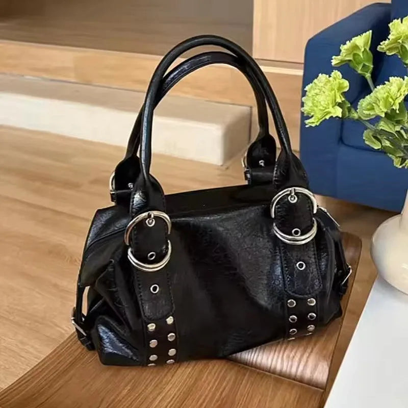 Y2K Rivet Shoulder Bag for Women – PU Leather Motorcycle Handbag