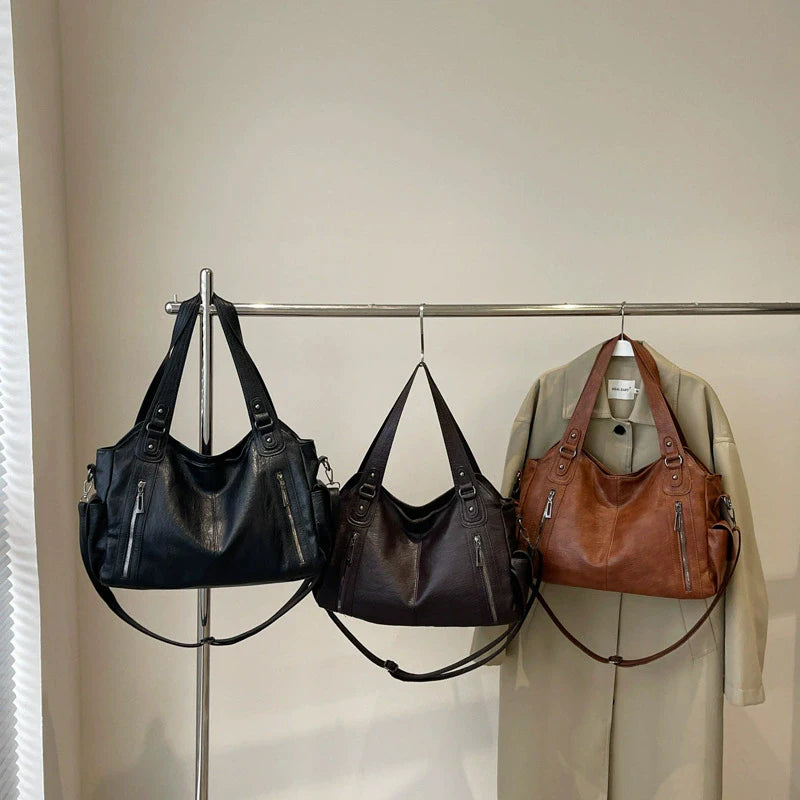 Women's PU Leather Shoulder Bag with Dual Zipper Pockets