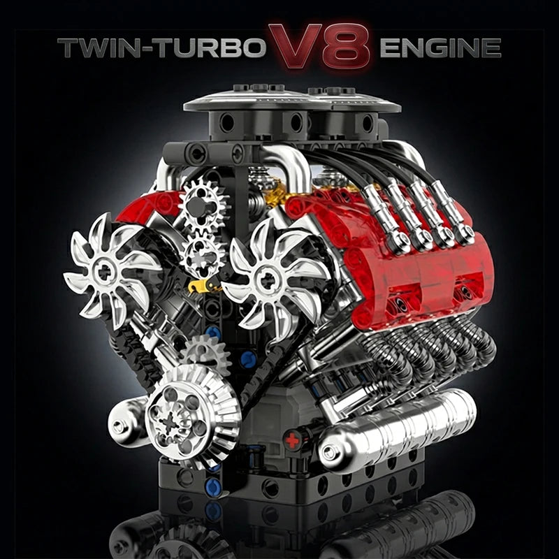 Twin-Turbo V8 Engine Building Blocks Kit – Motorized Technical Set