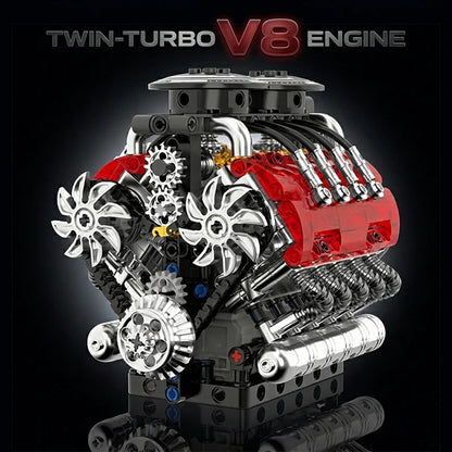 Twin-Turbo V8 Engine Building Blocks Kit – Motorized Technical Set