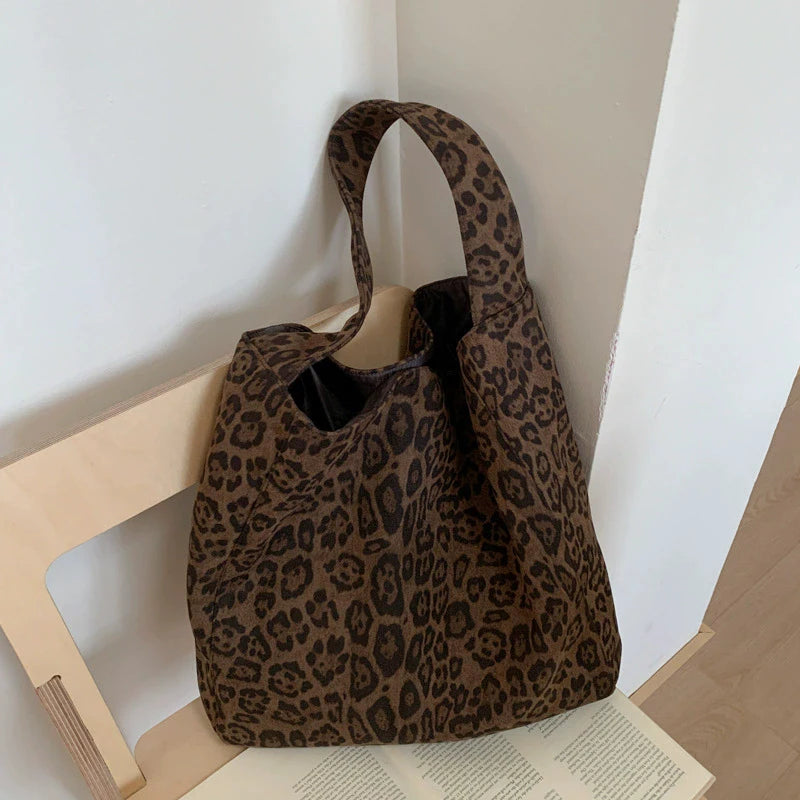 Leopard Print Tote Bag for Women – Large Suede Bucket Shoulder Bag