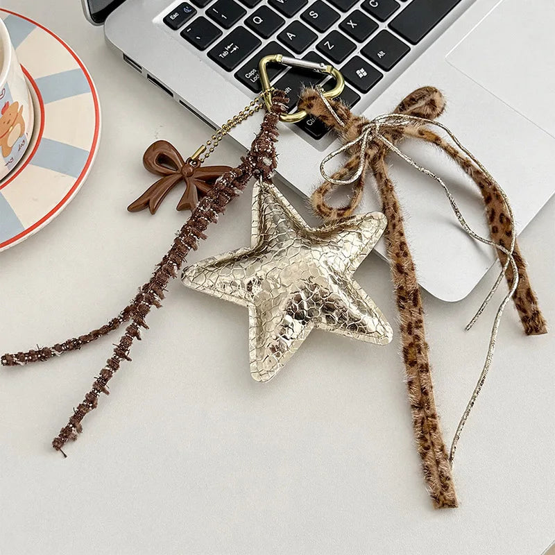 Leather Star Bag Pendant Keychain with Puppy Charm