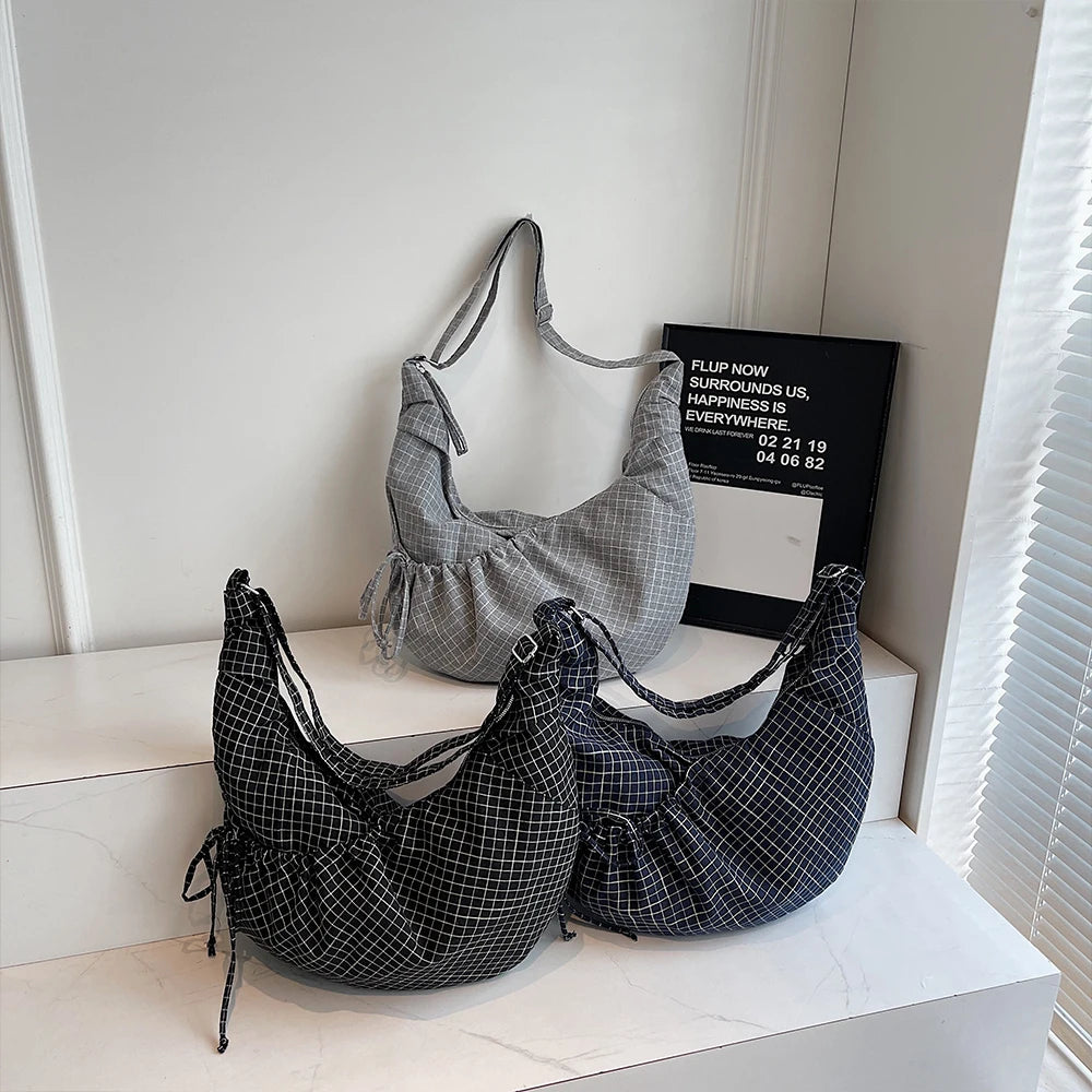 Large Canvas Plaid Shoulder Bag Pleated Hobo Crossbody Tote