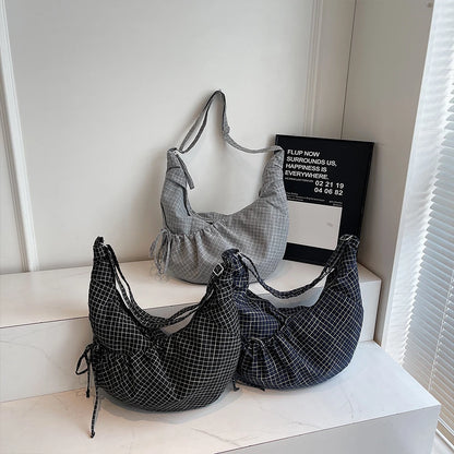 Large Canvas Plaid Shoulder Bag Pleated Hobo Crossbody Tote