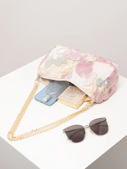 Floral Sequin Shoulder Bag – Beaded Embroidery Chain Strap Purse