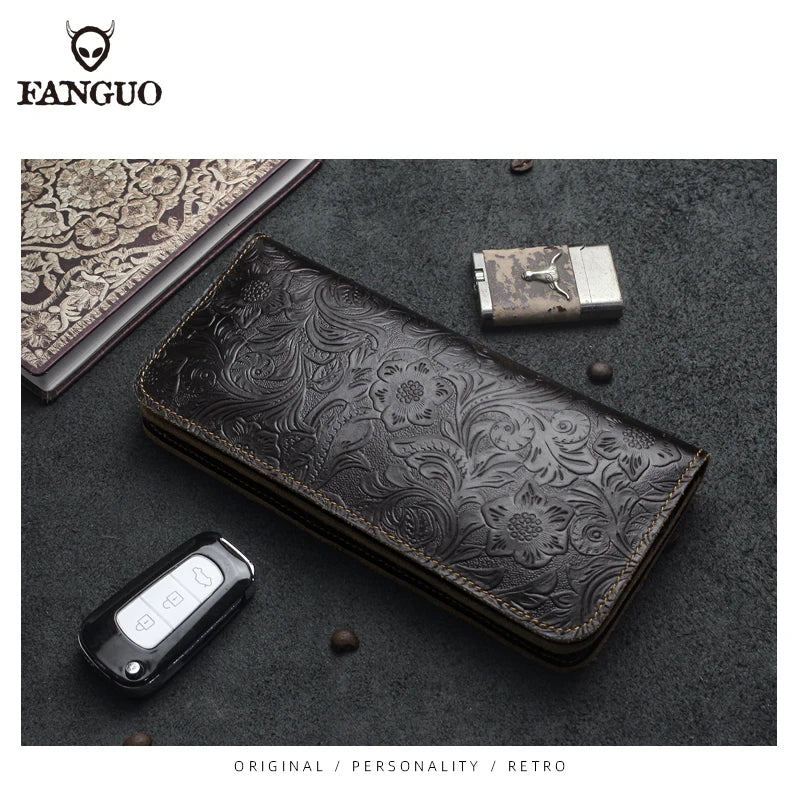 Genuine Leather Long Wallet – Floral Embossed Bifold for Men & Women