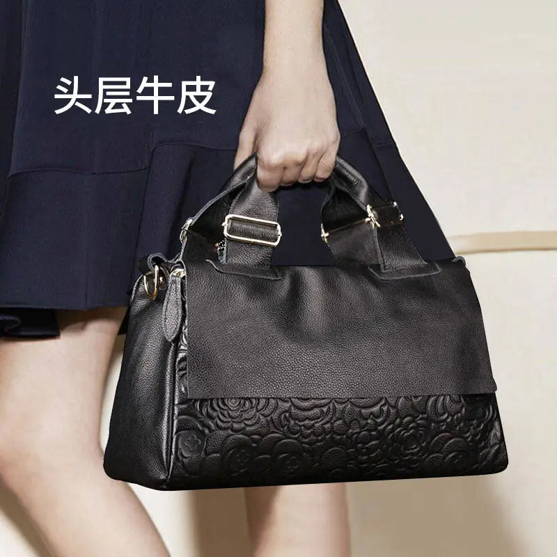 Floral Embossed Genuine Leather Women's Handbag – Shoulder Bag
