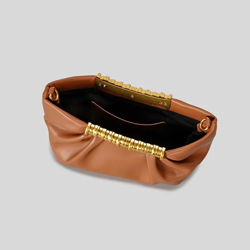 Elegant Ruched Hobos Clucth Bag Luxury Designer Metal Handle Women Handbags Soft Pu Leather Shoulder
