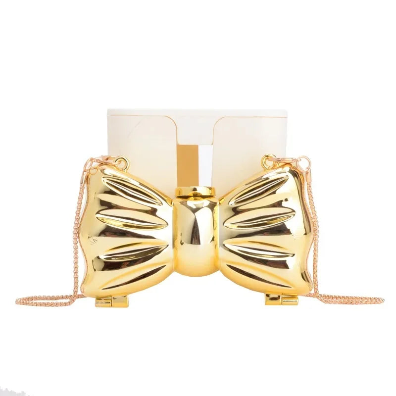 Bow-Shaped Evening Clutch Bag – Gold & Silver Chain Purse