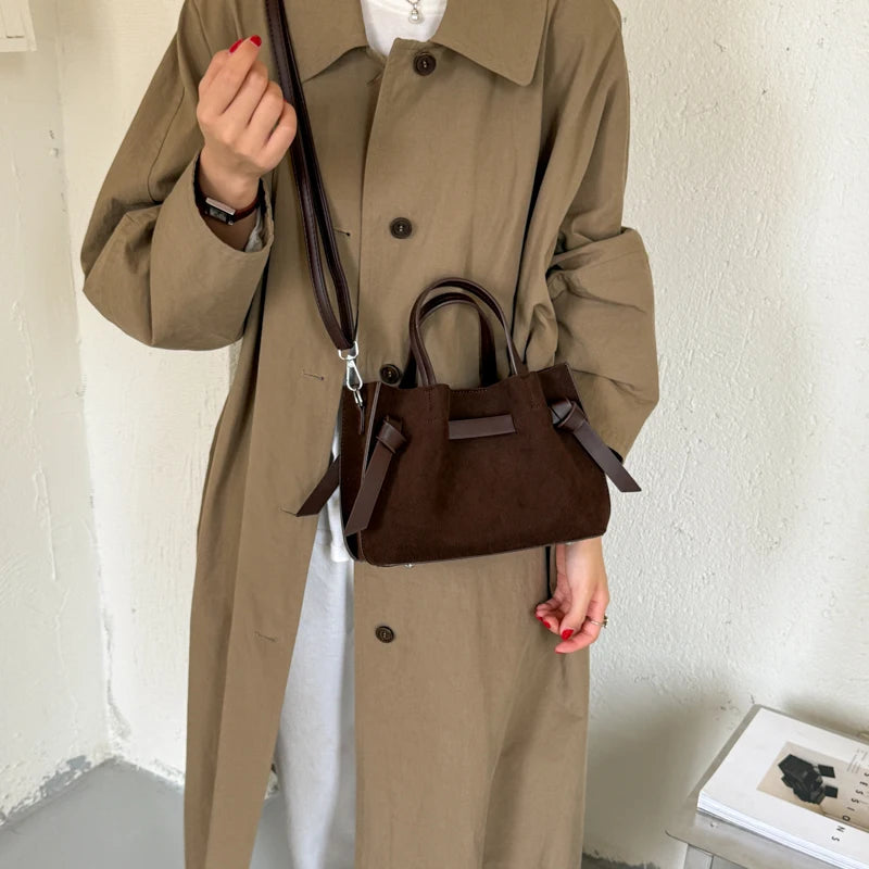 Moods Pleated Design Drawstring Bucket Cross Body Bags Women Pu Suede Shoulder Hobo Bag Small Size
