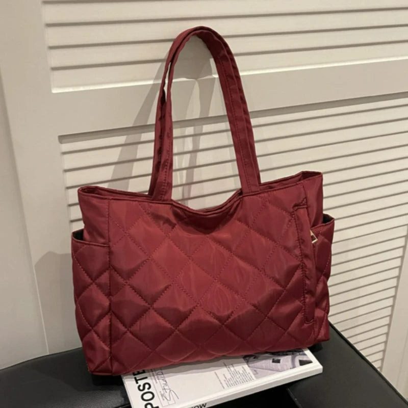 Women Autumn Winter Simple Large Capacity Tote Bag Quilted Crossbody Shoulder Lightweight Casual