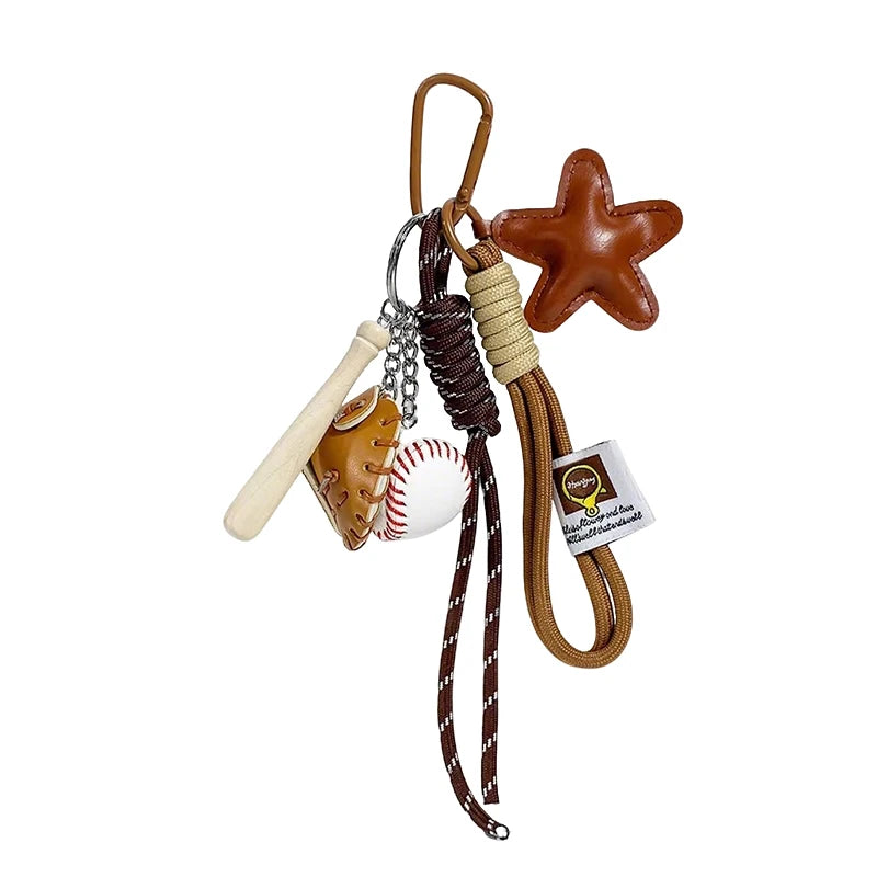 Sports Keychain Bag Charm with Leather Star Pendant & Rope